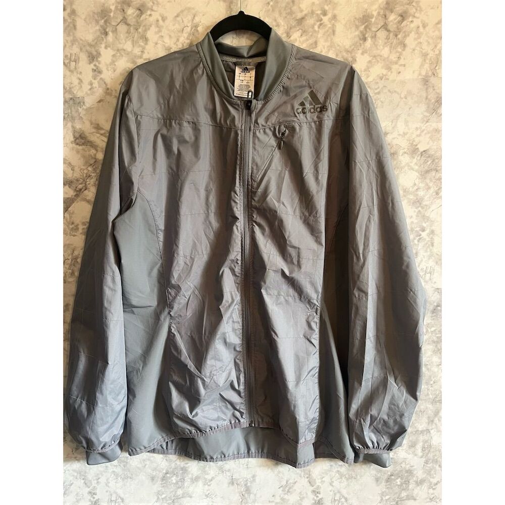 Adidas Running Jacket Mens‎ Large Gray Full Zip Windbreaker Grid Print Bomber